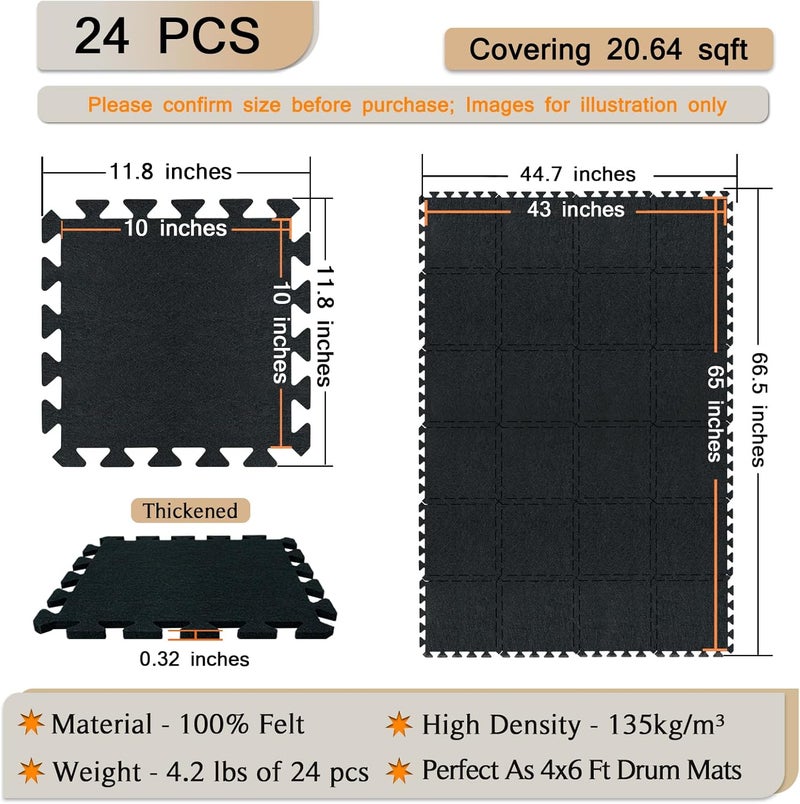 TroyStudio Thick Drum Rug Pad, 24 Pcs 11 x 11 x 0.32 inches Interlocking Sound Absorbing Rug, Non Slip Anti Vibration Sound Proof Floor Mats, Acoustic Carpet Blankets for Drum Set, Piano, Studio - Image 2